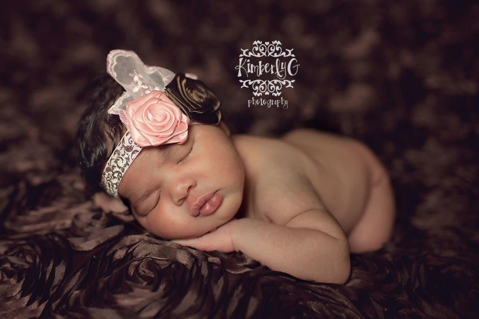 Sweet Miss- Pink and Brown Handmade Rosettes Headband on Damask Stretch Ribbon with a Pretty Pearl and victorian lace for Newborn Baby Girls