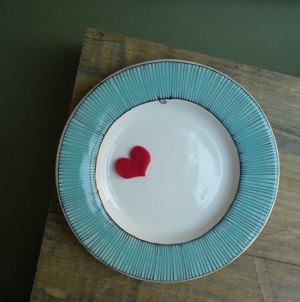 blue ceramic plate with pinwheel stripe design, dessert plate, gift for valentine's day