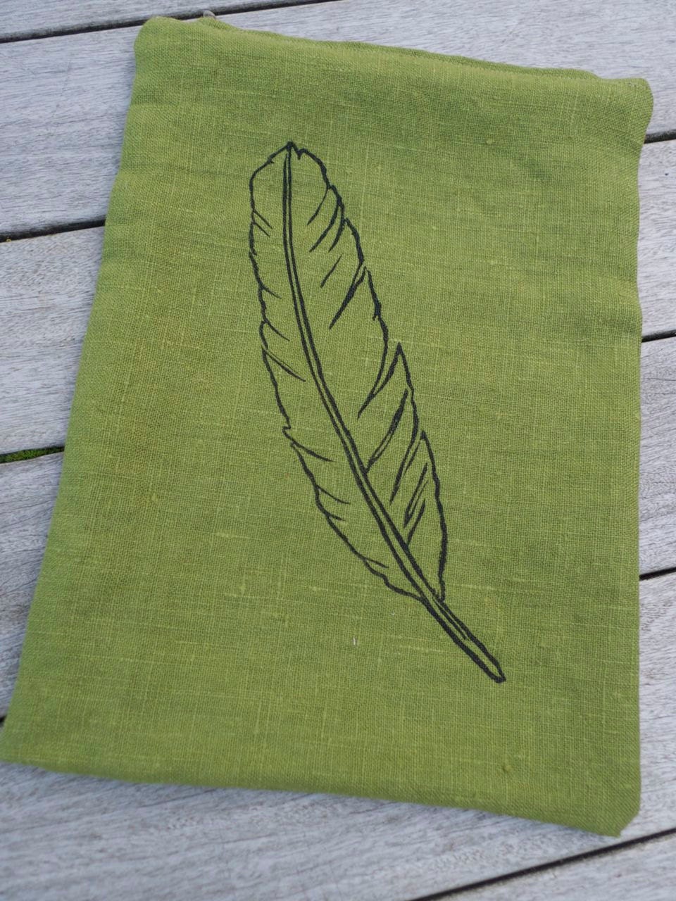 zippered linen feather pouch block print (charcoal feather on grass green linen)