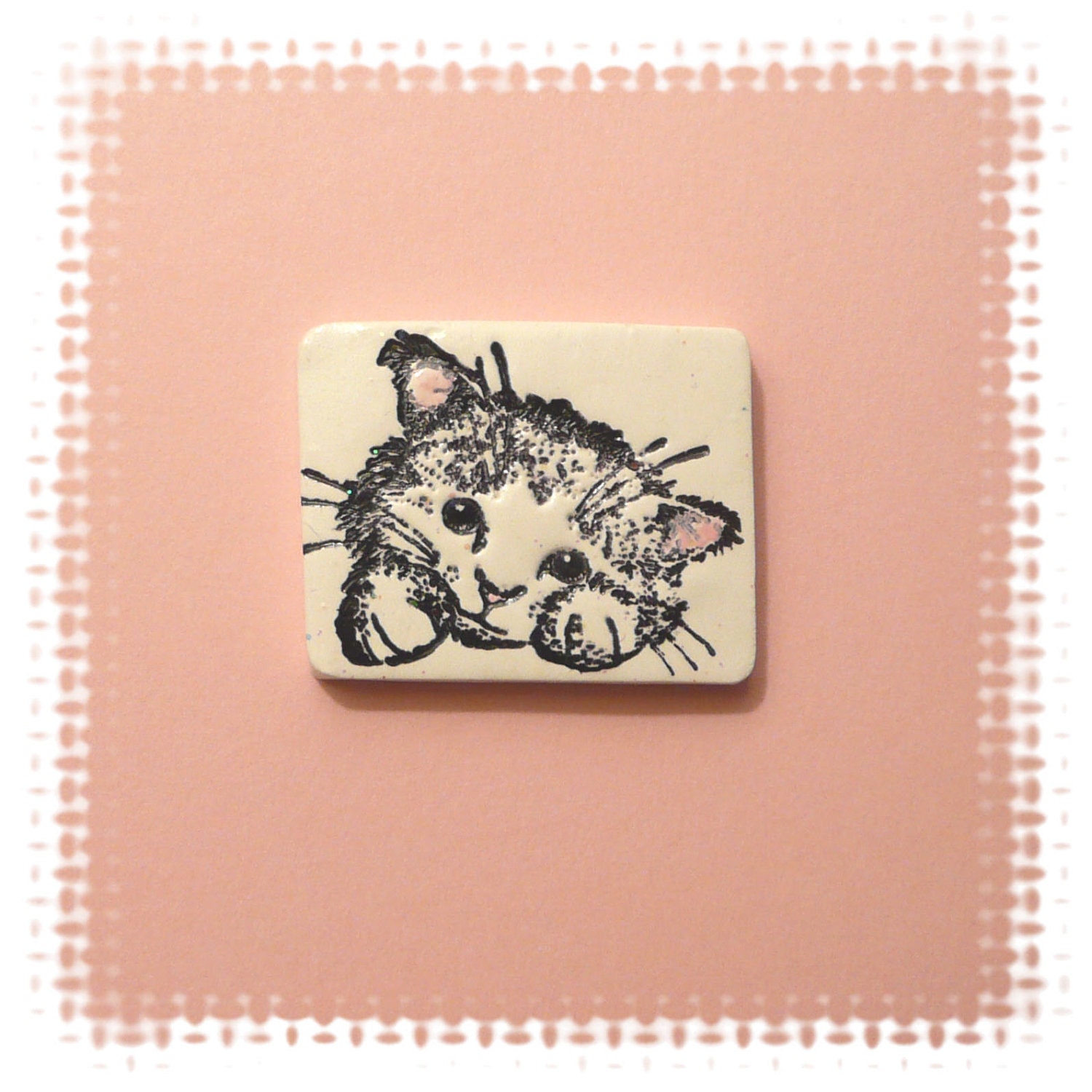 Little Cat Pin - black, white, pink - handcrafted polymer clay jewelry