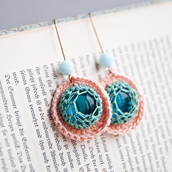 Garden Tea Party - Romantic Lace Crochet Earrings Mint Turquoise Glass Salmon Pink Teal Dangles - BalloonHighway