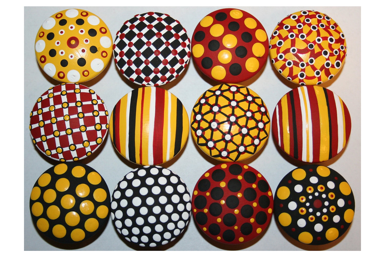 Red, Black, White and Yellow Polka Dot and Striped Knobs