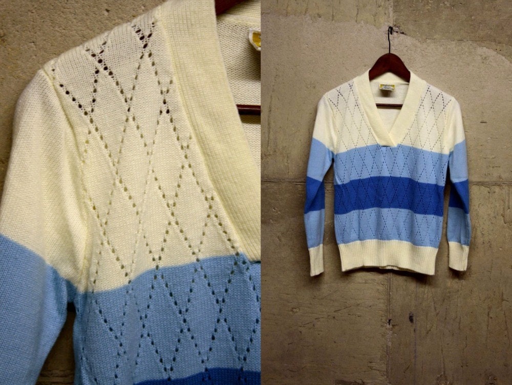 70s S/M Blue Striped Sailboat Sweater TOP