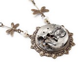 Steampunk Necklace silver antique pocket watch movement gears pearl gold dragonfly Neo Victorian pendant jewelry by Steampunk Nation 1452
