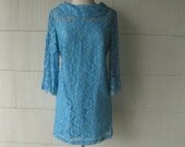 1960s blue lace dolly dress mini bell sleeve funnel neck