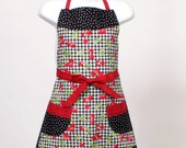 Child's full Apron Cherries and Polka dots Black White and Red
