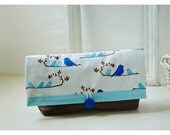 Blue Bird Bag Clutch Babies Mom Chocolate nubby Linen Handmade Padded Make Up Travel Gadget Bag tagt team