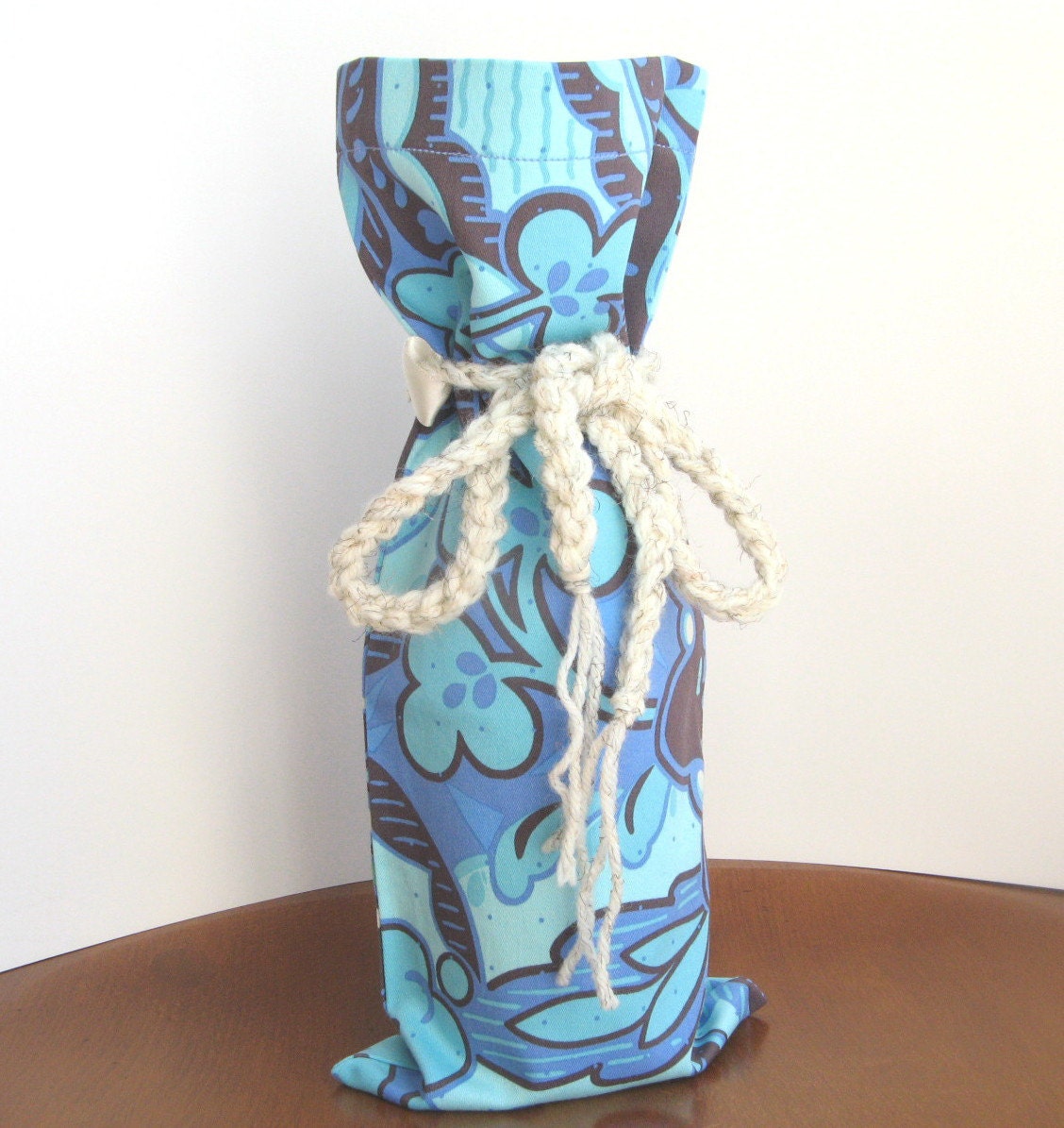 Wine Gift Bag Cocoa Brown Blue Aqua Floral Reusable