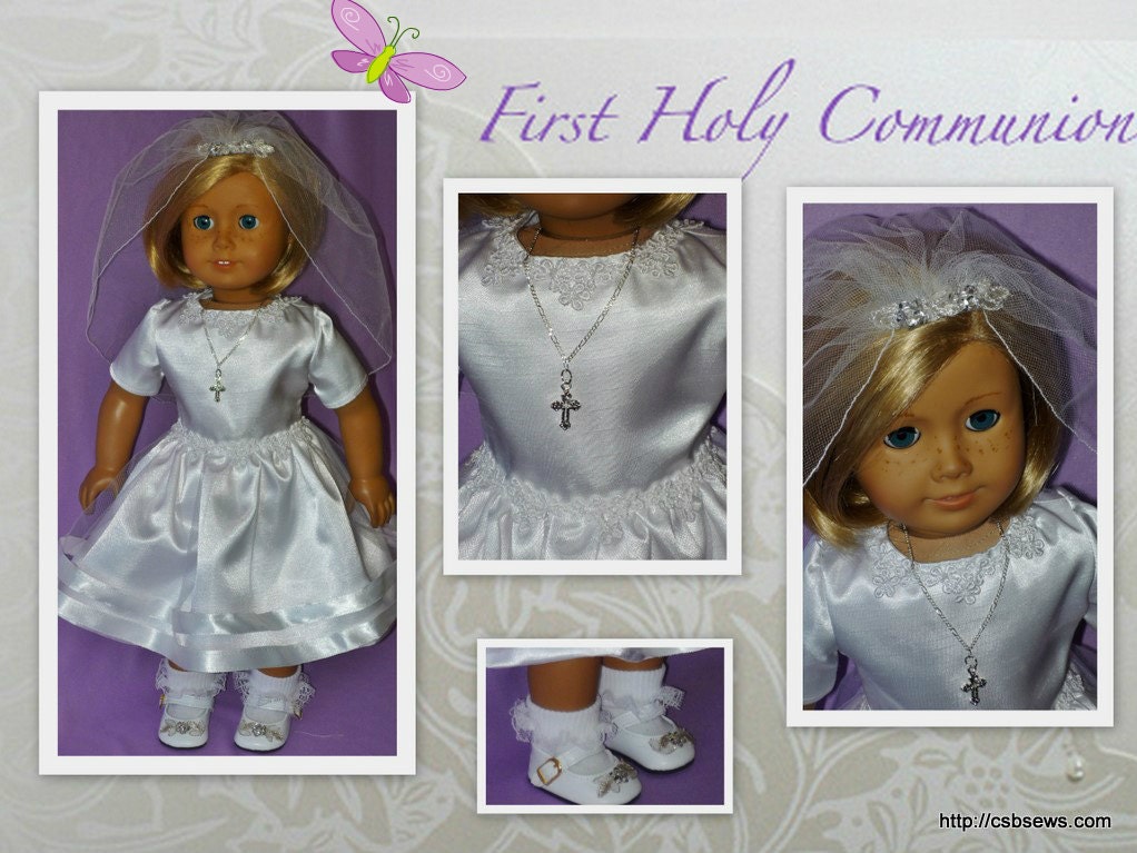 American Girl Doll Communion Dress, Veil, Necklace, Shoes & Socks