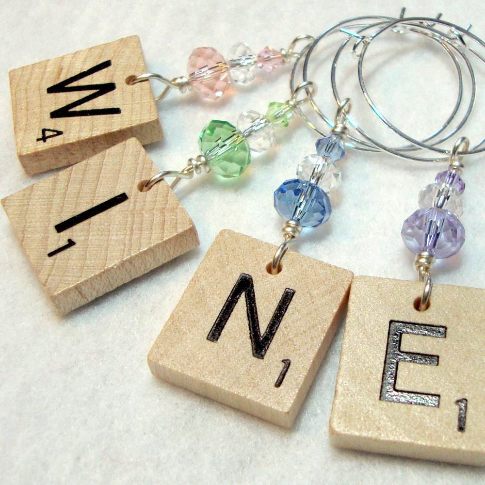 Scrabble Tile Wine Glass Charms - Wood Pastel Crystal - Pink Peridot Dusty Blue Lilac -  Your Choice of 4 Letters (Except J)
