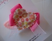 Hair Clip, Pink heart with polka dots raggy edge fabric with Pink bow, snap clip