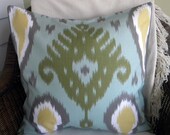 Designer Decorative Pillow Cover - Ikat Paisley - Dwell Studio - Aqua, Gray and Yellow - 20" Square