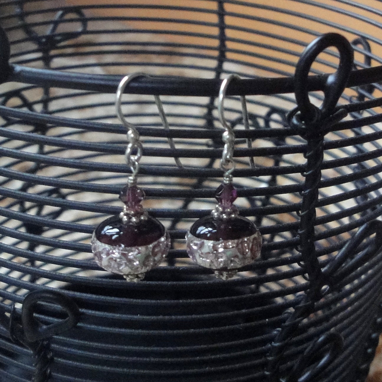 Purple Czech Glass Foil Wrapped Earrings with Sterling Silver Findings - Ready to Ship