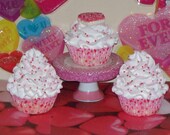 3 Valentine Fake Cupcakes Whipped Frosting Heart Sugar Cookie Red, White, Pink Sprinkles great Photo Props, Party Decorations, Home Display