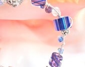 Blue Violet Cane Furnace Glass Bead Wire Wrapped SS Bracelet Large