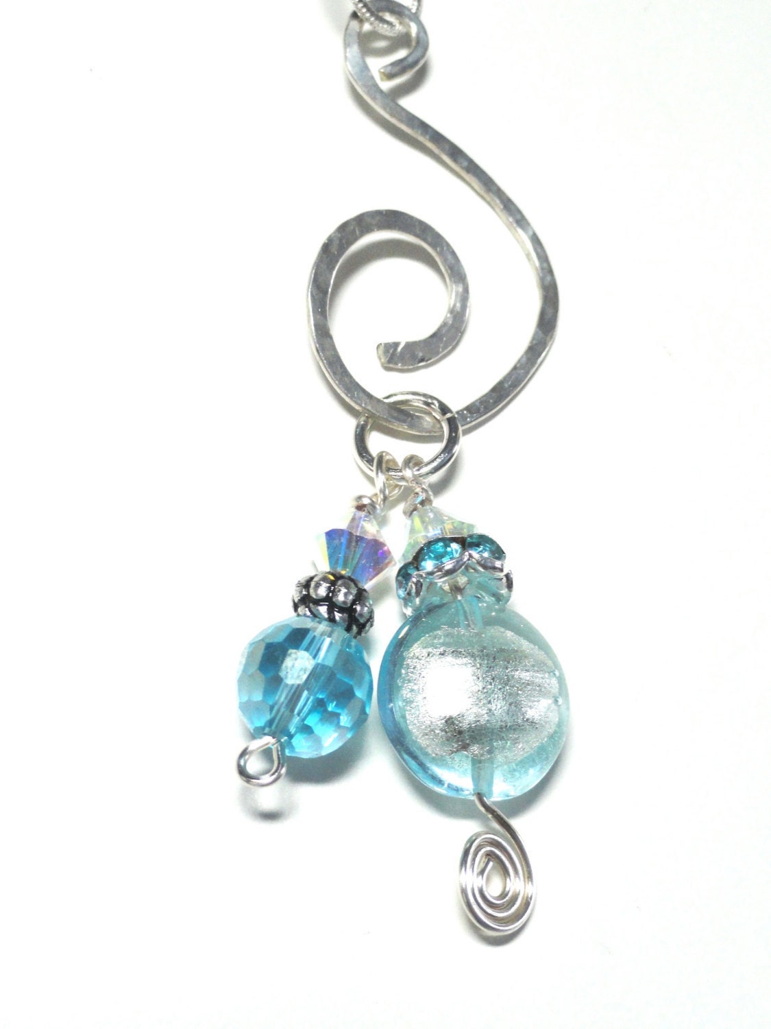 Aqua Sapphire Blue and Silver Crystal Beaded Pendant Necklace