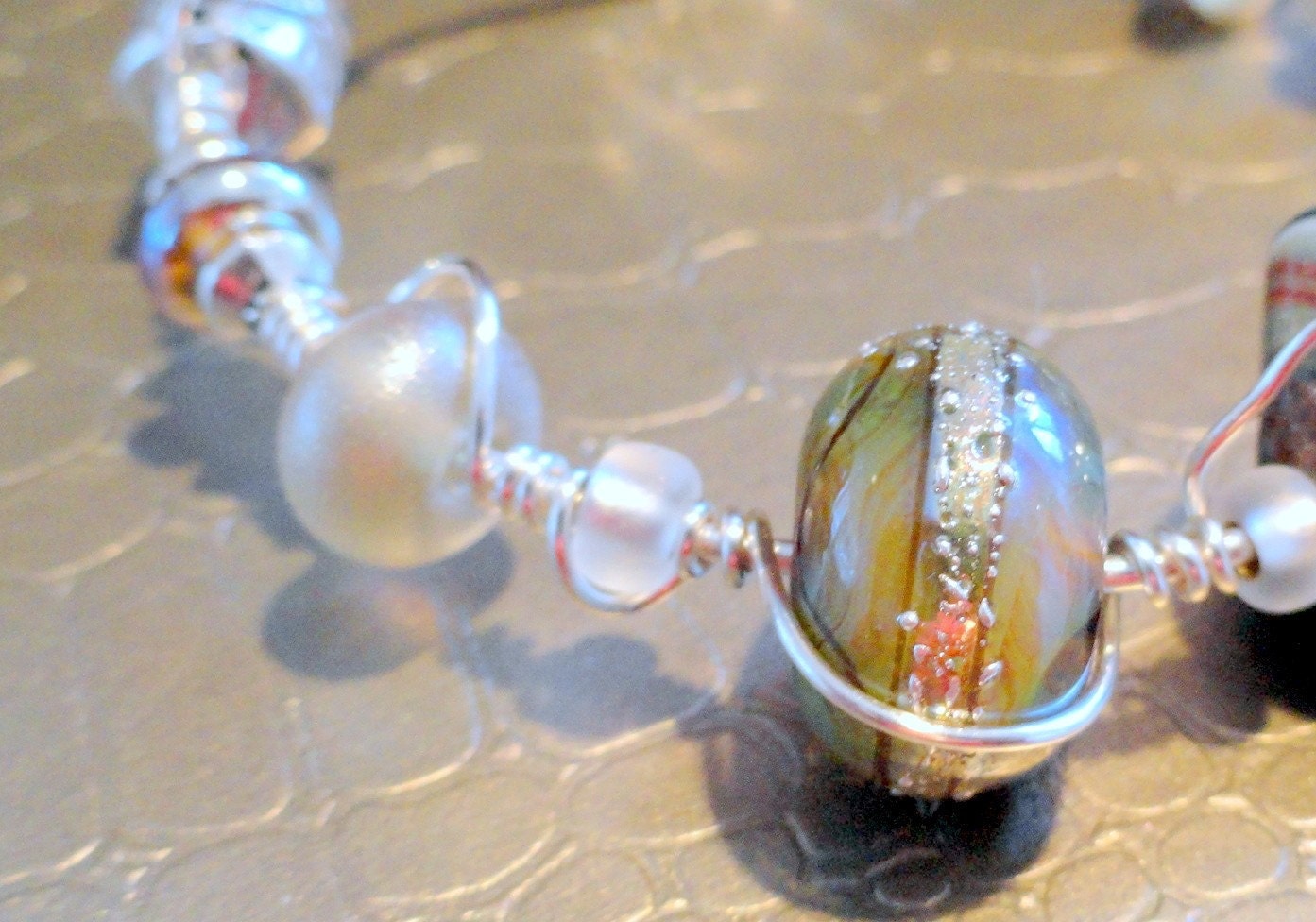 Moondust  Green Gold and Silver Lampwork Bead Wire Wrapped Bracelet