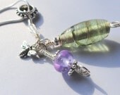 Purple and Light Green Artisan Lampwork Bead Pendant with Silver Bumblebee Charm