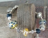 Yellow and Blue Polka Dot  Lampwork Bead Wire Wrapped Bracelet