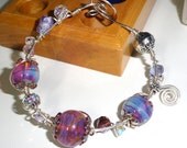 Moonlight & Roses Blue Rosy Amber Lampwork Bead Wire Wrapped Bracelet