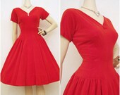 50s Dress Red Vintage Velvet Full Skirt Party Dress S M