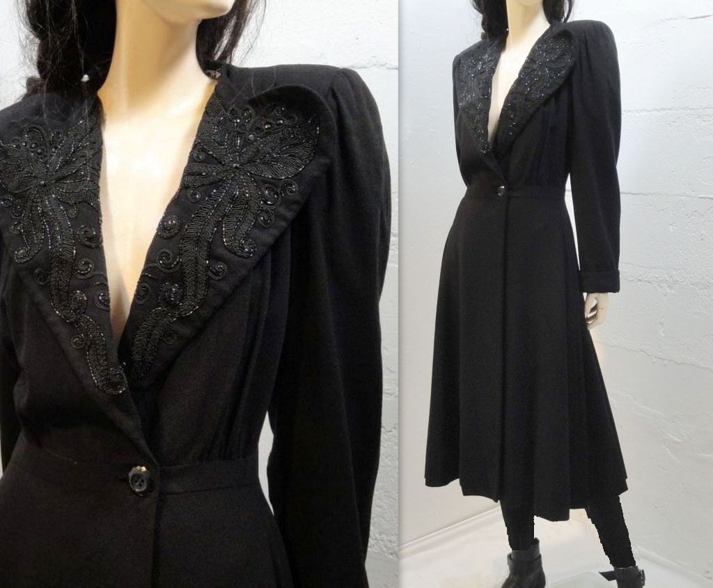 40s Coat / 1940s Vintage Black Wool Beaded Coat / M