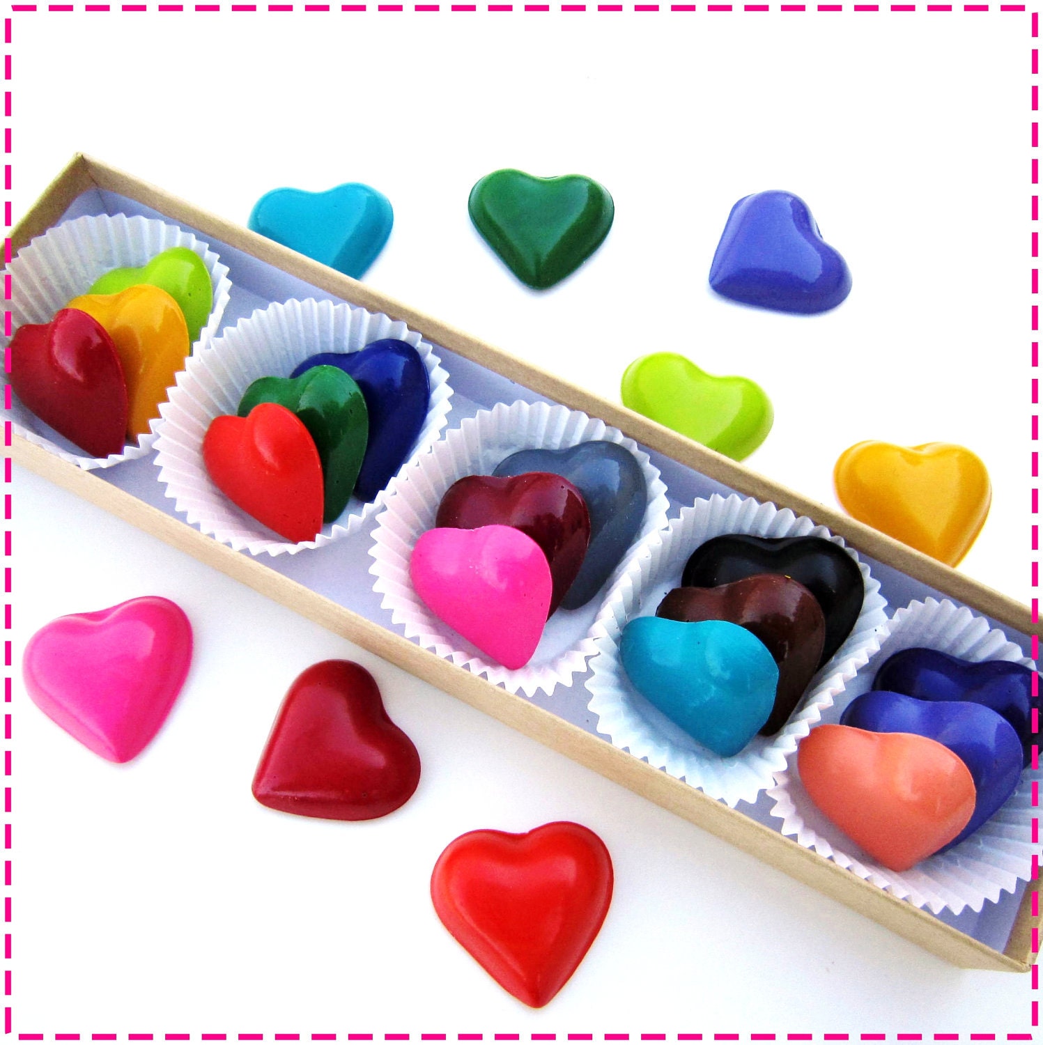 HAPPY VALENTINE'S DAY Heart Crayons - Set of (15) - In Red, Pink, Blue, Yellow, Orange, Lime, Etc. - Free Gift Box