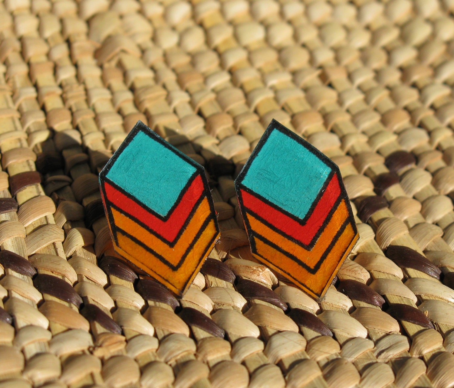 Turquoise and warms chevron shrink plastic earring posts