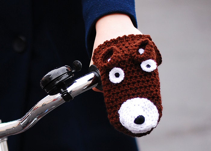 BEAR BIKE HANDWARMERS Gloves Wool Crochet Winter Cold Days Unisex Woman Man Teens Cozy Gift