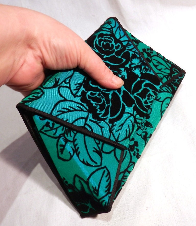 Teal Clutch Purse Origami Inspired with Black Flocked Lace