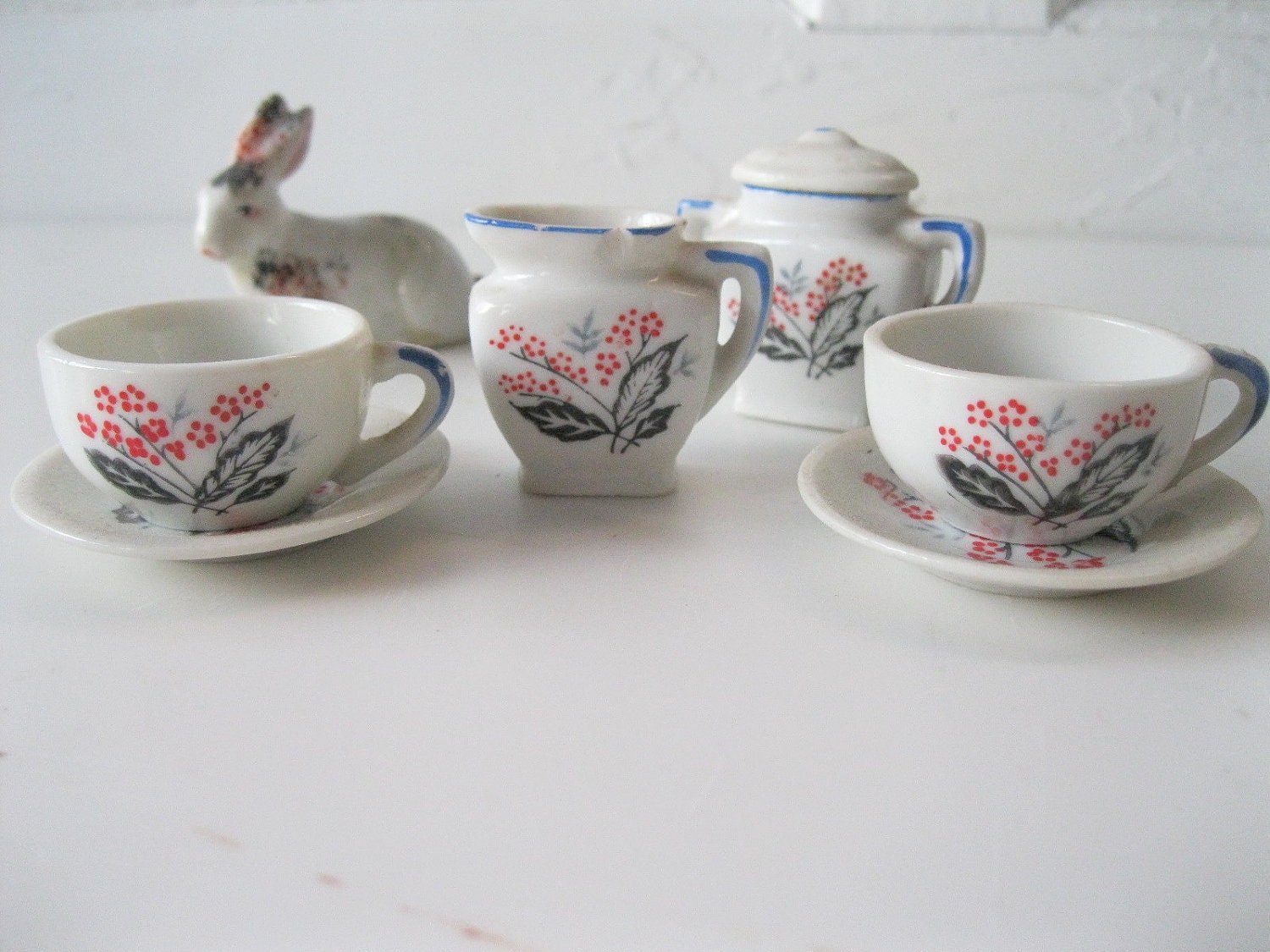 Vintage Doll Tea Set MidCentury Red Berries Black and Gray Leaves 7 Pieces Japanese  from Tessiemay