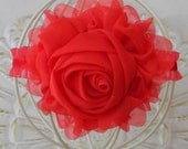 Red Flower Headband - Red Chiffon Flower on a Red Double Ruffle Elastic Headband - Valentines Headband