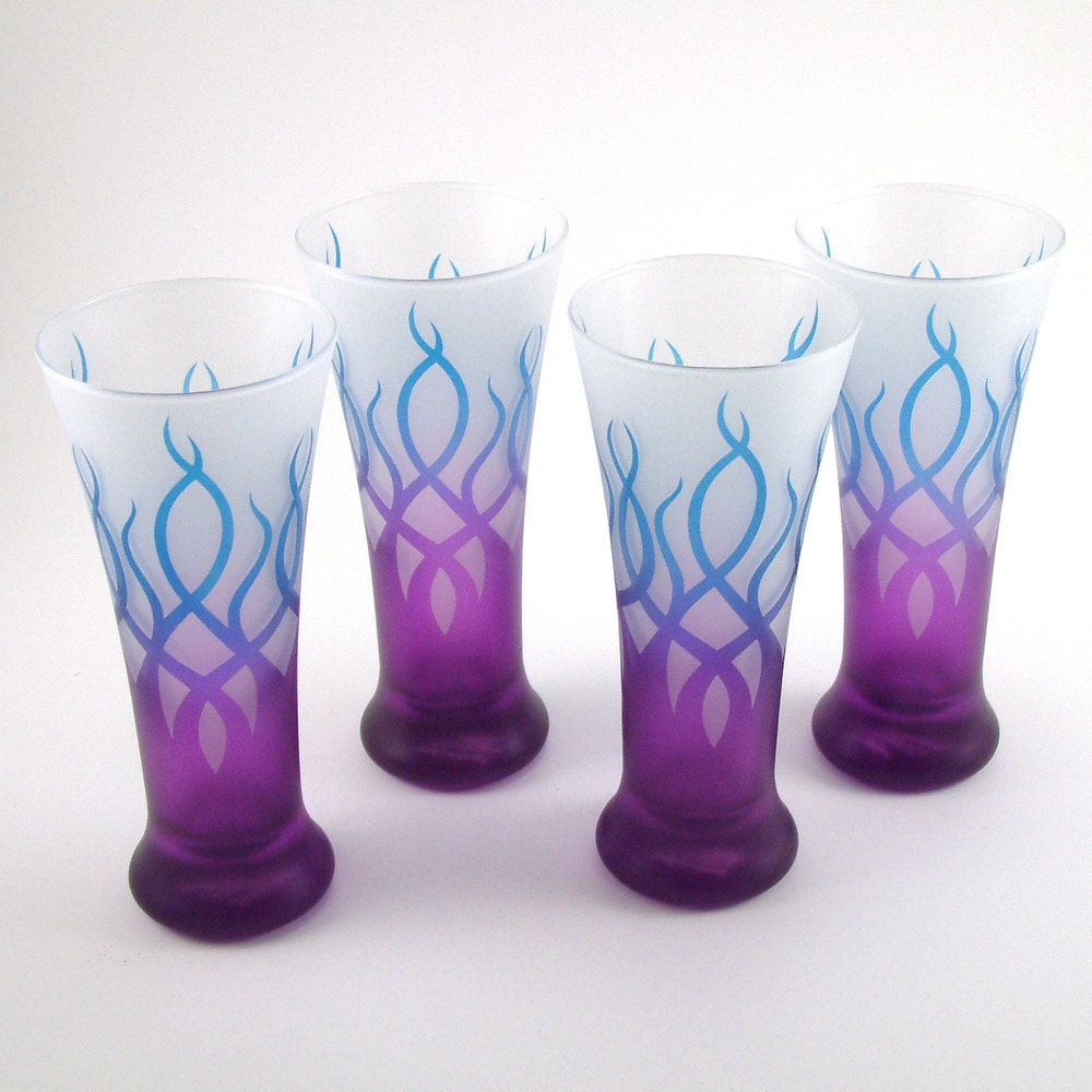 Frosted Pilsner Glasses - Strands - Custom Painted Blue and Purple