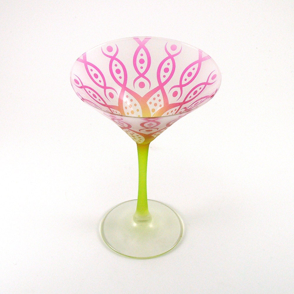 Frosted Martini Glass - Vesuvian Flower - Custom Painted Pink and Lime