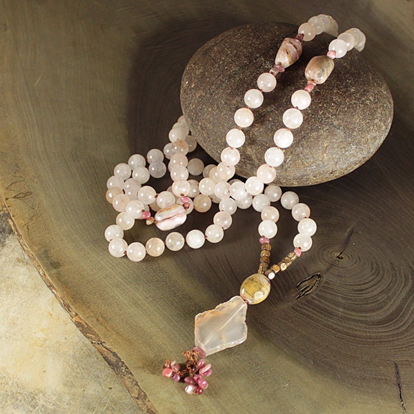 Rose Quartz mala, meditation yoga beads, 108 bead Tibetan style mala for Heart Chakra, Universal Love