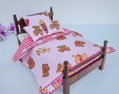 NEW 1:12 scale Miniature Dollhouse Pink Bear Bedding set for single bed