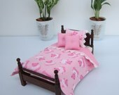 NEW 1:12 scale Miniature Dollhouse Pink Bear Bedding set for single bed