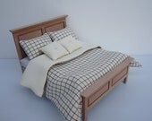 NEW Miniature Dollhouse Black Cream Check Modern Bedding set for Double bed12th scale