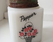 Vintage Milk Glass Pepper Shaker - Range Top - Flower Basket - Tipp City - Retro 1930s - 1940s -