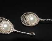 Stylish handmade crochet bridal studded earrings with cream Swarovski pearls (silver)