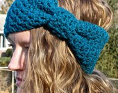 Ear warmer, hair band, head band, crochet, teal, turquoise, giant bow, hat, chunky yarn