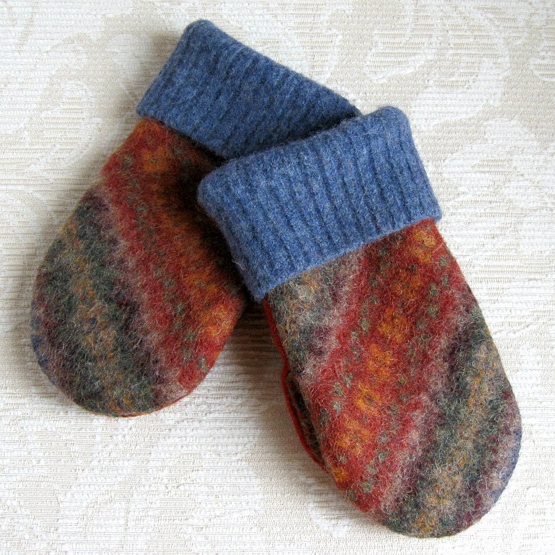 Mediterranean Blue and Paprika Mittens for Kids, Upcycled Felted Wool - FeltSewGood