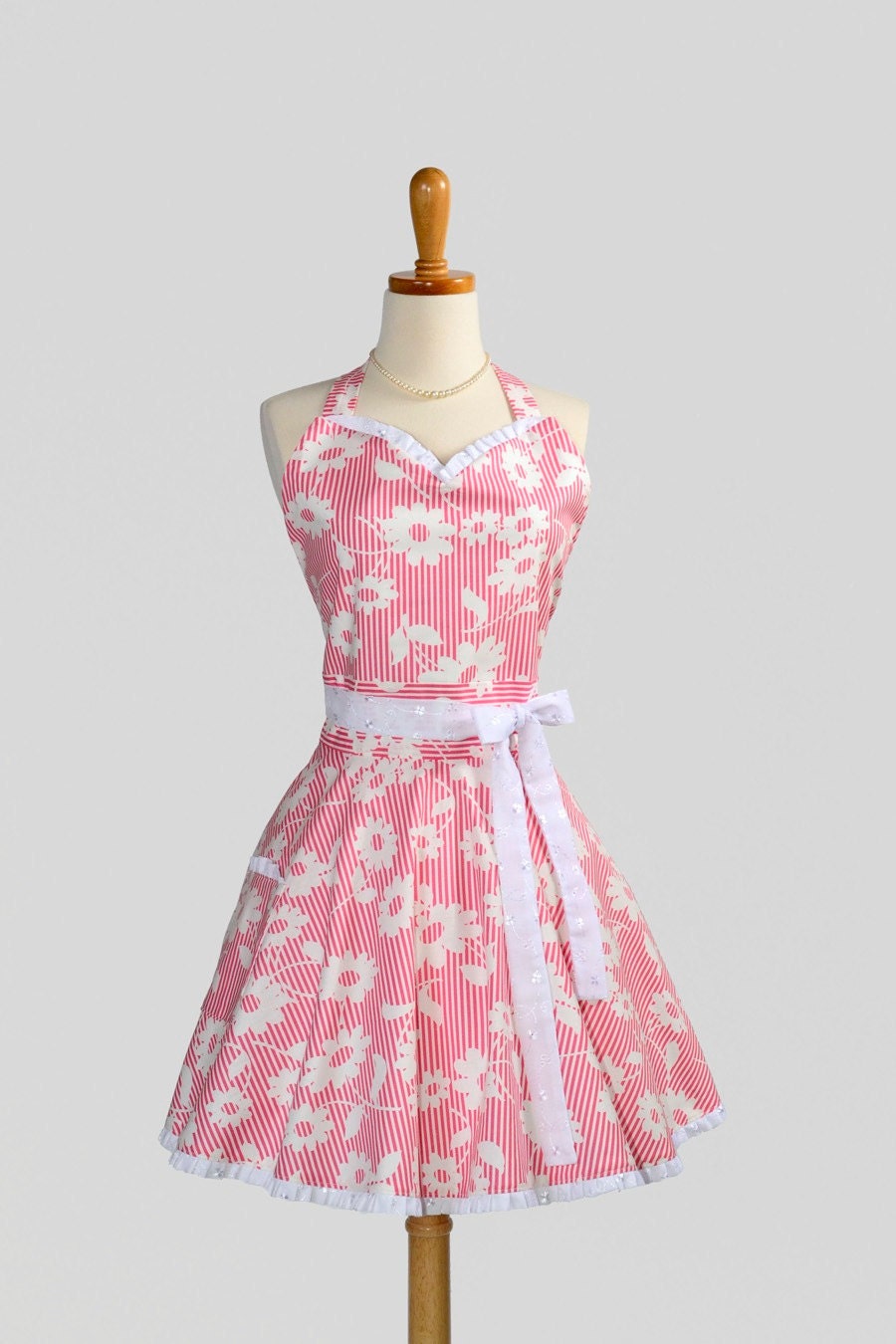 Womens Sweetheart Hostess Apron . Feminine Retro Ruffled Sweetheart Neckline With White Floral on Hot Pink and White Stripe Eyelet Trim