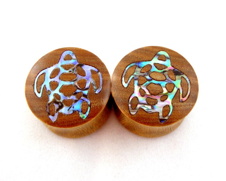 Sea Turtle Abalone Inlay Wooden Plugs - 5/8" (16 mm) 3/4" (19 mm) 7/8" (22 mm) 1" (25.5 mm) 1 1/8" (28 mm) 1 1/4" (32 mm) Wood Inlay Gauges