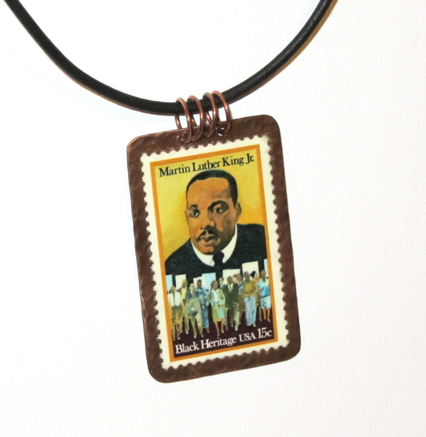 ON SALE - MLK weekend - Martin Luther King Jr. - Postage Stamp pendant in copper and leather
