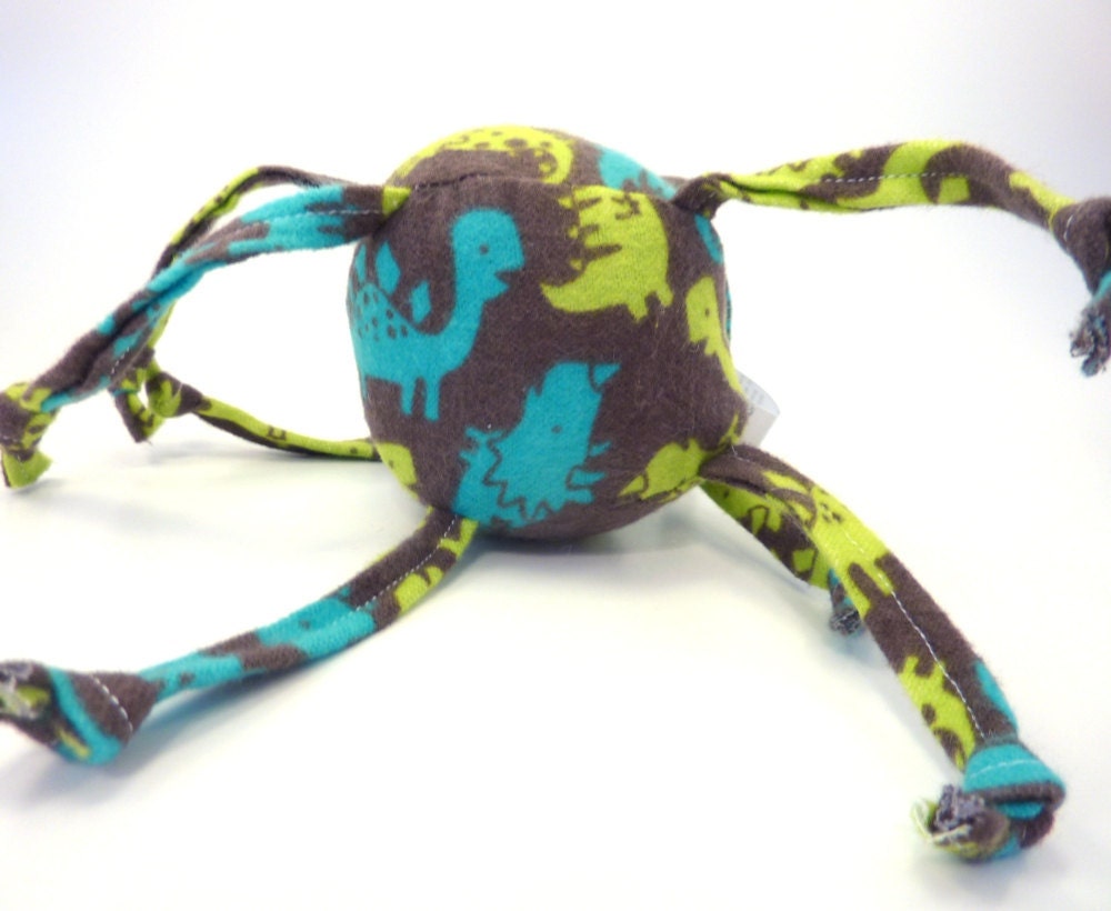 Soft Baby Toy - ball with strings - Cute Dinosaurs - Green and Blue on Brown