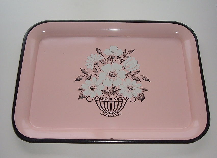 Decoware Pink-Black Metal Tray for Vintage Vanity, Kitchen or Bath