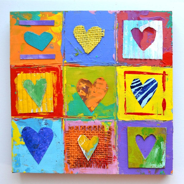 9 primitive hearts love ORIGINAL valentine art mixed media impasto wood by Elizabeth Rosen