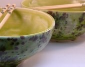 Two Celery Green Pottery Rice Bowls with Chopsticks / Noodle Bowls / Sushi -  Couples Gift - Graduation, Wedding, Anniversary