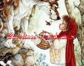 Red Riding Hood and Wolf Reproduction Cotton Fabric Art Print 3X4" Applique
